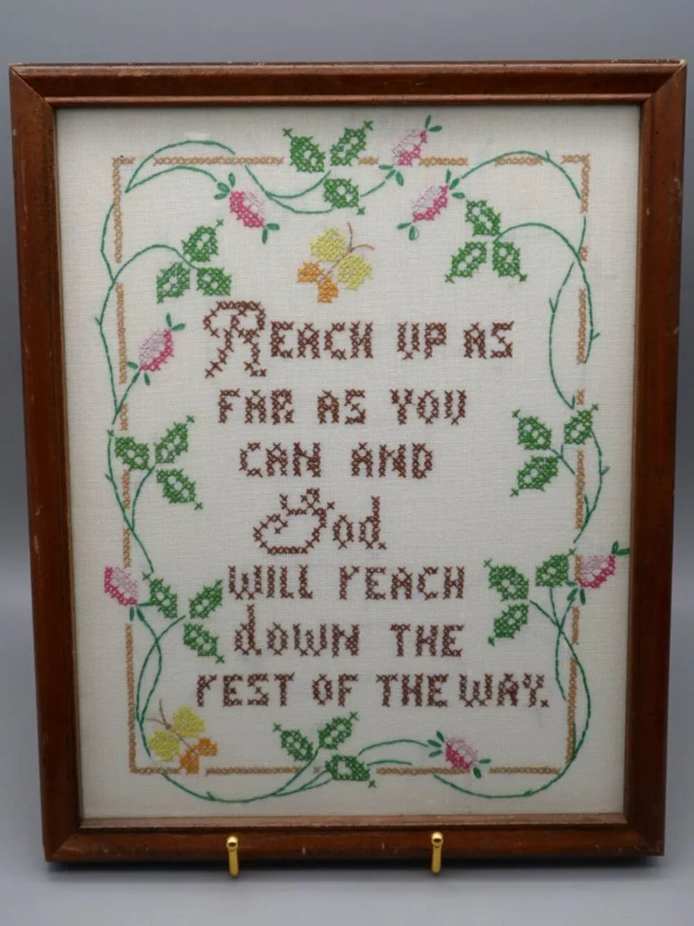 Vtg Framed Completed Cross Stitch Sampler Wall Art God Will Reach Down Religious